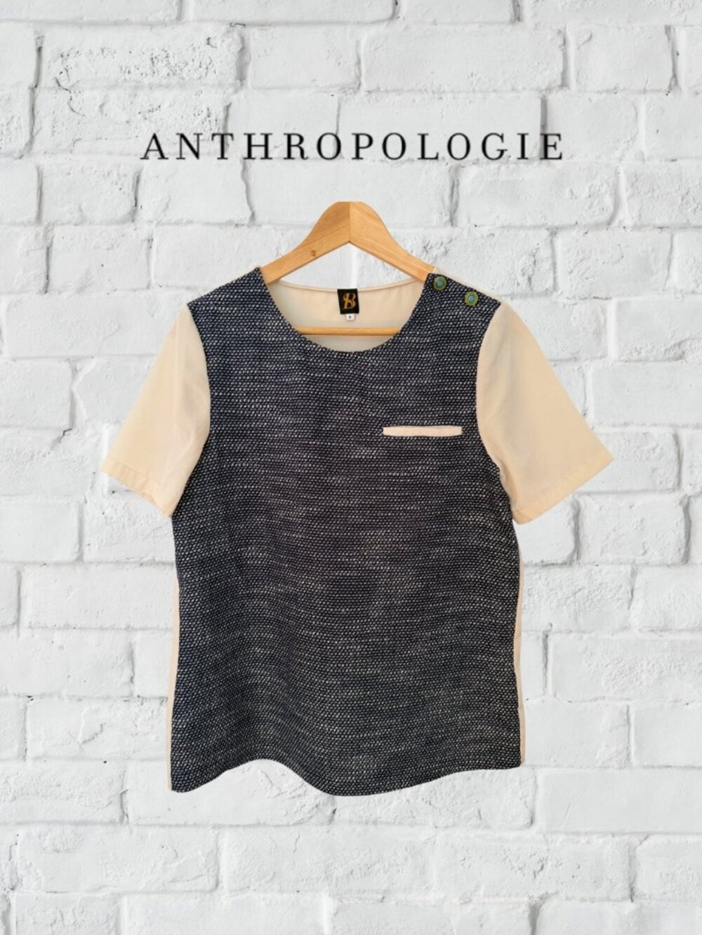 Anthropologie "B" Label Tweed & Silk Colorblock Top - Navy Cream - Size 6